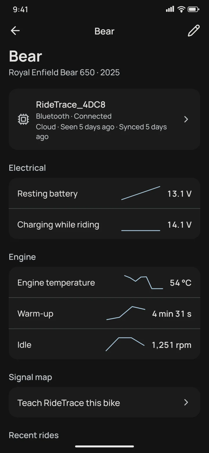 The bike page in the RideTrace app: resting battery, charging voltage, engine temperature, warm-up, and idle.